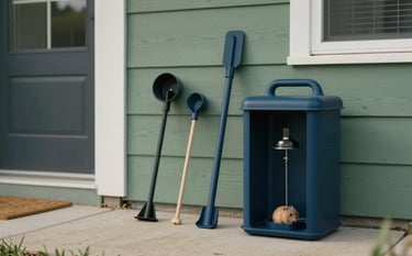 Close-up of modern rodent exclusion tools and eco-friendly bait stations placed neatly near the foundation of a clean North American / US suburban home. Professional lighting, featuring deep charcoal blue and muted forest green tones.