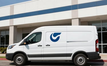 A clean, white service van with a professional logo parked in front of a modern North American / US commercial building. Bright daylight, crisp architectural lines, portraying a sense of reliability and expert care.