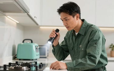 A professional pest control expert wearing a muted forest green uniform, using a high-quality flashlight to inspect a modern North American / US kitchen. The scene is bright and clean, emphasizing efficiency and trust, with soft teal accents in the background equipment.