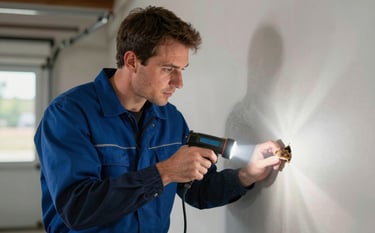 A focused expert in a North American / US residential garage setting using a flashlight to identify rodent entry points. The lighting is crisp, highlighting the professional slate blue and deep navy blue uniform colors.