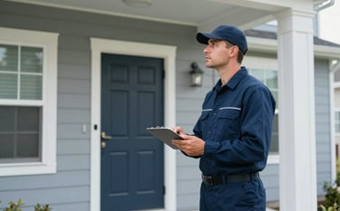 A professional pest technician in a clean uniform inspecting the exterior perimeter of a modern North American / US suburban home during the day. The scene features deep navy blue and very pale grey accents, conveying a sense of calm and expertise.