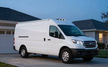 A clean white service vehicle parked in a well-lit North American / US residential driveway at twilight. The composition is clean and modern, featuring light sky blue and deep navy blue highlights in the environment.