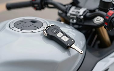 Professional macro shot of a sleek motorcycle key with a visible transponder chip, resting on the fuel tank of a modern sportbike. The lighting is sophisticated, using shades of #8E9BAF and #F5F7FA to highlight the metallic textures.
