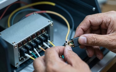 A detailed macro photograph of technical hands working on neat electrical wiring and IT hardware components inside a Southeast Asian / Malaysian home. The lighting is focused and technical. Color palette includes dark navy and pale blue-grey.