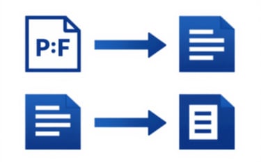 Abstract graphic representation of file compression and format conversion. Arrows pointing between a PDF icon and Office icons (Word, Excel). Uses #214E87 and #0A192F colors, modern and professional aesthetic.