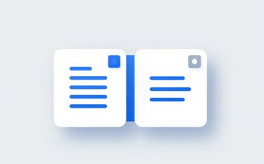 A clean, high-tech interface showing two document icons merging into one, with a sleek split-page icon next to it. Professional SaaS style with #214E87 accents, soft lighting, and a minimalist gray and white background.