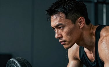 A close-up, sharp photograph of an elite athlete focused during a high-intensity interval training session. Droplets of sweat are visible, emphasizing hard work. The environment is a sleek, dark charcoal teal minimalist gym.