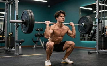 A powerful action shot of a fit person performing a barbell squat in a premium fitness studio. The lighting is cinematic, highlighting muscle definition. The background features deep forest teal accents and professional gym equipment.