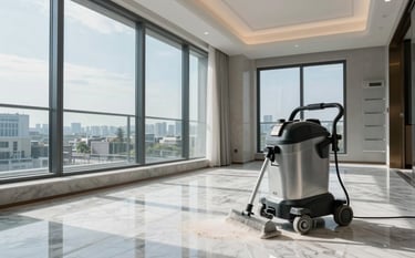 Interior of a newly built luxury apartment with large windows. The floor is sparkling mist white marble. Professional cleaning equipment is visible, and the scene is bright, showing the removal of fine dust and paint residue for a move-in ready look. Muted steel blue tones in the background.
