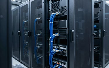 The interior of a clean, organized server room in a North American / US retail headquarters. Neatly routed cables in muted blue and dark navy tones are visible in the racks. Soft, professional lighting highlights the technological advancement and stability of the infrastructure.