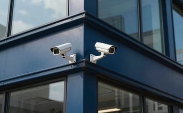 A professional North American / US commercial building exterior during the day. High-definition security cameras are mounted strategically on the steel blue facade. The composition is clean and authoritative, with natural lighting emphasizing reliability. Accents of dark navy and muted blue in the architectural shadows.