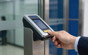 A sharp, close-up shot of a modern biometric scanner at a North American / US corporate office entrance. A professional hand is reaching toward the device. The background features polished glass and steel blue walls, evoking a sense of high-tech security and authority.