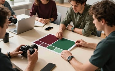 A creative team meeting in a sun-drenched, Scandinavian-style studio. They are looking at a mood board with Deep Ripe Crimson and Matte Forest Green color swatches. Professional equipment like cameras and laptops are visible on Crisp Parchment colored desks.
