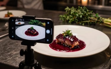 A close-up of a high-end smartphone on a tripod, filming a chef plating a dish in a dimly lit, cozy restaurant kitchen. The colors include Deep Ripe Crimson sauce on a Crisp Parchment plate, with Matte Forest Green herbs in the background. Cinematic, moody lighting.