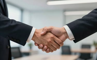 A close-up of a professional handshake between two individuals in a North American corporate setting. The background is a blurred office with clean lines and soft lighting, emphasizing trust and successful partnership.