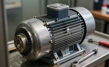 Close-up photography of a technical repair on an elevator motor. Tools with silver and dark navy details are visible. Professional and clean South American / Colombian workspace with focused lighting on the mechanical parts.