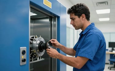 A professional technician in a clean uniform inspecting elevator components in a bright machine room. The scene features bright blue and silver equipment. South American / Colombian setting with clear, professional lighting and a modern atmosphere.