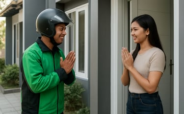 A polite interaction between a Southeast Asian / Indonesian driver-partner in a green jacket and a customer at a modern doorstep in an Indonesian residential area. Clear focus, professional and approachable photography style.