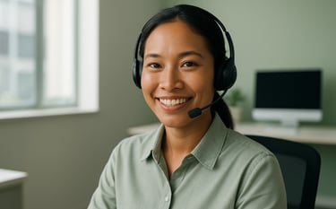 A professional Southeast Asian / Indonesian customer service representative wearing a headset, smiling warmly, sitting in a clean, modern office with soft green accents. Natural daylight, high-quality photography, conveying reliability.
