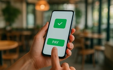 Close-up of a hand holding a smartphone in a bright, modern Southeast Asian / Indonesian cafe. The screen shows a digital payment interface with bright green accents. High-end lifestyle photography with a soft background.