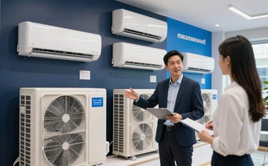 A bright, modern appliance showroom in a North American / US city featuring sleek, energy-efficient air conditioning units displayed against a wall. The scene includes Deep Navy and Steel Blue branding elements, with a professional consultant discussing features with a client in a well-lit, professional environment.