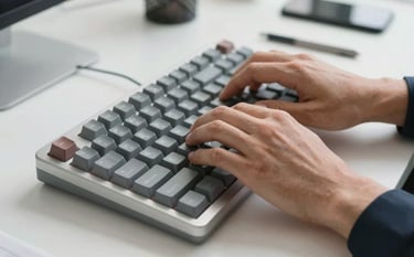 A close-up photograph of a professional's hands typing on a high-end mechanical keyboard in a bright North American office. The scene is clean with white and light grey tones, emphasizing a results-driven and professional workspace environment.