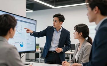 A professional photograph capturing a collaborative atmosphere in a modern North American office studio. A team leader in sophisticated business attire points toward a digital screen while discussing marketing strategy. The background has white and black accents with clean, bright lighting.