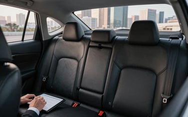 Interior detail of a black Toyota Corolla, focusing on the spacious leather back seat. A professional passenger is seen from the shoulder down, working on a tablet. Outside the tinted window, a blurred South American / Brazilian business district is visible under soft white morning light.