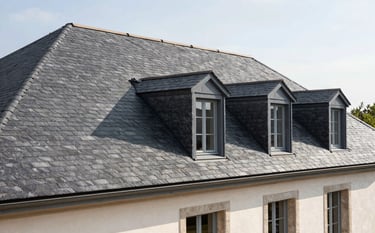 Wide shot of a newly renovated slate roof on a beautiful French house. The architecture is classic Central European. The roof lines are perfectly straight, showing high-quality craftsmanship. The lighting is bright and clean, symbolizing efficiency and reliability.