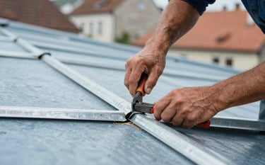 A skilled artisan craftsman repairing a zinc roof joint in a Central European urban setting. Focus on the hands and specialized tools. The lighting is professional and clear, reflecting a serious and efficient work atmosphere. Slate blue and light blue tones in the background.