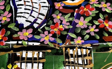 Quadratische Leinwand mit expressiven Farbfeldern und weißen Linien – „Intuition“, Romeo Opincaru.