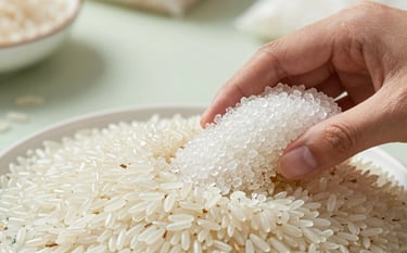 A professional, high-end close-up photograph of high-quality long-grain rice and crystalline sugar being inspected by a hand in a soft-lit, clean trading environment. The color palette features soft off-white and muted sage tones, evoking a sense of purity and premium commodity standards.