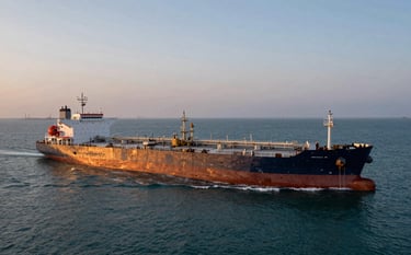 A wide-angle, cinematic photograph of a large oil tanker vessel navigating calm deep midnight teal waters at twilight. The lighting is sophisticated and efficient, highlighting the massive scale of energy trade with a backdrop of a distant, industrial horizon under a soft sky.