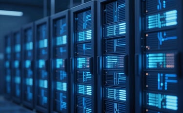 A futuristic representation of data processing, featuring glowing server racks and abstract data streams in deep blue (#1A2E3D) and light blue (#A8C1D6). The atmosphere is secure, powerful, and high-performance, emphasizing data reliability.