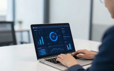 A professional and modern office setting showing a consultant working on a laptop displaying a business dashboard. The scene is bright and clean, incorporating corporate blue tones (#1A2E3D, #3C6B8D) in the decor and digital elements, reflecting efficiency and strategic thinking.