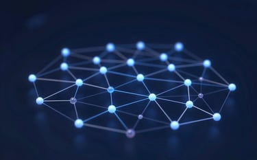 Conceptual 3D visualization of digital connections and code nodes, symbolizing software integration. The color palette uses #1A2E3D and #A8C1D6 with glowing light effects, representing modern technology like APIs and the Service Layer in a professional, abstract manner.
