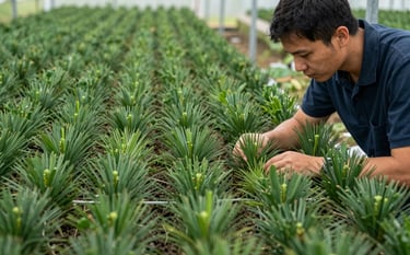 Professional photography of young Pinus Elliottii seedlings being inspected by an expert in a South American forestry nursery. The seedlings are deep green, neatly arranged in a grid. The lighting is bright and crisp, highlighting the needle texture. The atmosphere conveys sustainable industrial production and scientific precision.