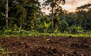 Wide-angle photography of a lush green forest landscape in South America during a golden sunset. In the foreground, a group of young, healthy saplings shows the successful result of nursery transplanting. The light is warm and atmospheric, highlighting the rich textures of the soil and the needles of the trees. The composition evokes trust and sustainable growth.