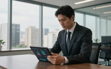 A high-end corporate executive office in São Paulo with a panoramic city view. A professional is reviewing advanced performance metrics on a tablet. Sophisticated, results-oriented lighting, featuring a clean and modern professional aesthetic.