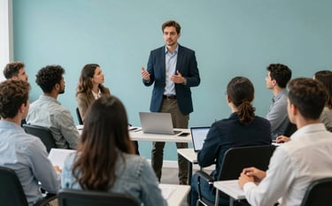 A collaborative sales training session in a Brazilian tech hub. A group of diverse professionals engaging in a workshop, focusing on a speaker with a confident stance. Clean teal and light blue color palette, professional and energetic mood.