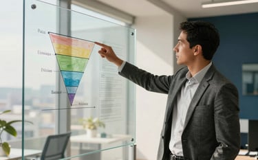 A professional business consultant in a modern, sunlit South American corporate office, pointing at a clear glass strategy board with sales funnel diagrams. Professional attire, dynamic atmosphere, soft natural lighting with off-white and dark blue accents in the decor.
