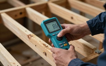 Close-up of a professional inspecting wood structures for termites in a North American / US home basement using high-tech moisture meters. Style: clean, professional, focused lighting. Muted Ocean Teal and Dark Charcoal Blue lighting.