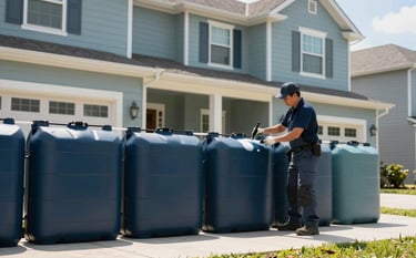 A wide shot of a professional technician applying a liquid perimeter barrier around a tidy suburban North American / US house. Style: bright, sunny day, sharp focus. The scene features Dark Charcoal Blue and Soft Sage Blue color tones.