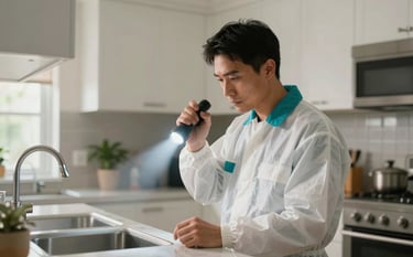 A professional pest control technician in a clean uniform inspecting a modern North American / US residential kitchen with a flashlight. Composition: medium shot, soft natural lighting. The scene uses Pearl Mist and Muted Ocean Teal accents.