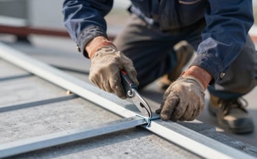 A professional zinc worker sealing a joint on a roof with specialized tools. The focus is on the precision and experience of the hands at work. The lighting is crisp and clear, incorporating the brand colors #455A64 and #263238 for a dependable look.