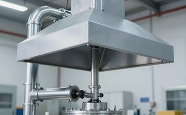 A custom-made industrial zinc extraction hood and pipe system in a bright workshop environment. Sharp angles and professional polish, showing the ability to perform complex zinc work. Dominant tones of #ECEFF1 and #90A4AE.