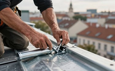 Close-up of a roofer's hands working with metal zinc flashing on a complex roof joint. The background shows a typical Western European cityscape under a soft daylight, showcasing expert craftsmanship.