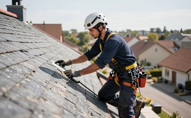 A professional roofer wearing safety gear and a navy blue uniform, carefully inspecting a damaged slate roof in a Western European residential neighborhood. The lighting is bright and clear, emphasizing professionalism and reliability.