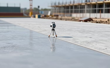A perfectly leveled construction site surface showing precision grading. A laser level is visible on a tripod in the mid-ground. The lighting is clean and bright, emphasizing modern reliability. Subtle brand colors #A3B5B5 and #5C7776 are reflected in the sky and equipment.