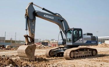 A powerful excavator working on a vast construction site, clearing earth with precision. The scene reflects robust professionalism with clear daylight, sharp metallic details on the machinery, and a background featuring site stakes. Incorporating brand tones of #2D3A3A and #5C7776.